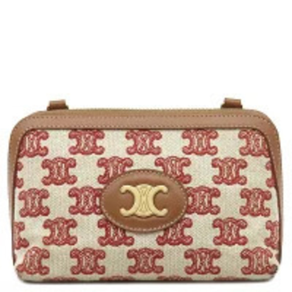 Celine Handbags - Celine Triomphe Shoulder Bag Chain Clutch Canvas Leather Brown Beige Red